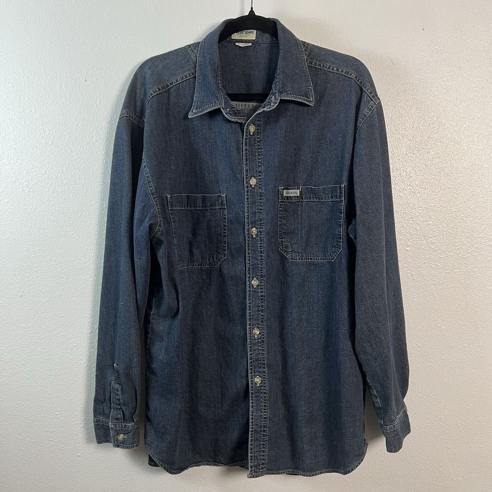 Vintage Guess Jeans Denim‎ Shirt Mens Large Blue Dark Wash Button Up